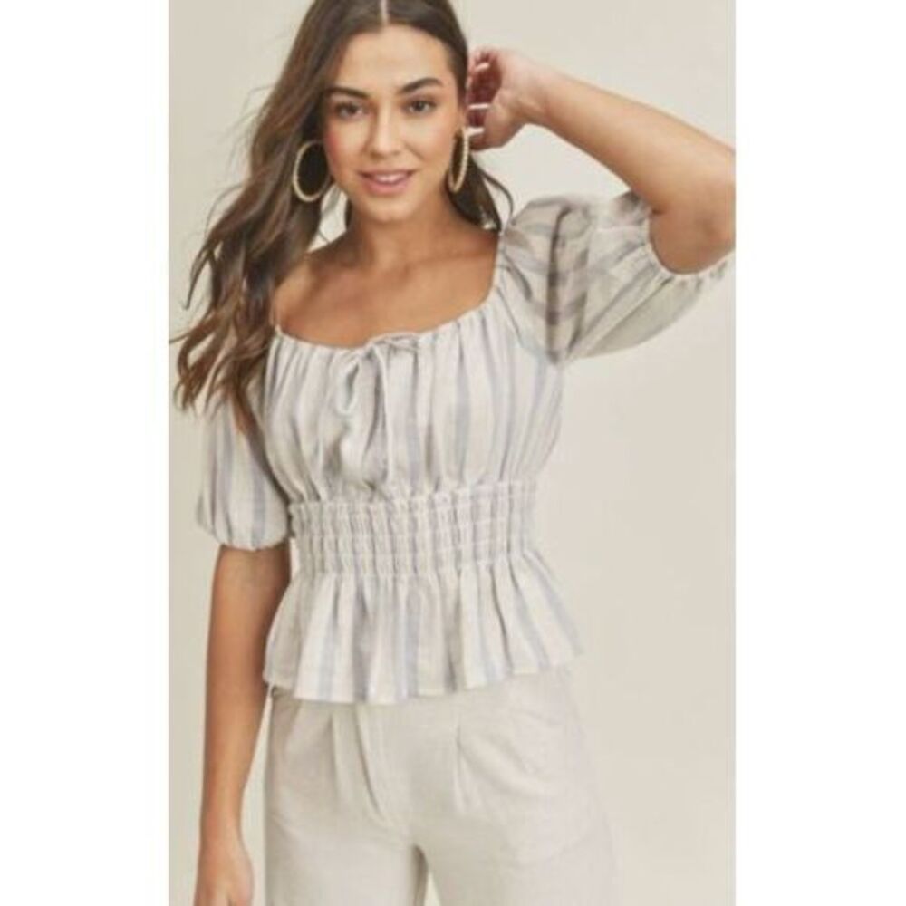 Lush Serena Half Sheeve Tie Front Striped Smocked‎ WaistLine Ruffled Hem Top S